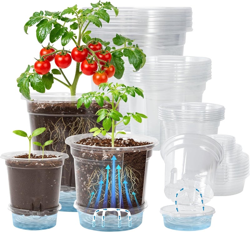 Bluepro 18 Pack 6.5/5/4 Inch Clear Self Watering Plant Pots with Bottom Water Tray & Watering Rope, Transparent Nursery Pots with Drainage for Seedlings, Herbs, and Houseplants - Image 1